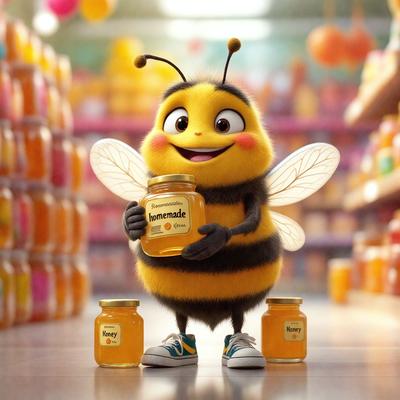 The primary subject of the image is a cartoon bee holding a jar of honey. The bee is standing on a white surface, which appears to be a floor. The setting is a store, as evidenced by the numerous jars of honey surrounding the bee. The visual style is a combination of digital art and illustration, creating a whimsical and playful atmosphere. The colors are predominantly yellow and orange, reflecting the warmth and sweetness of honey.